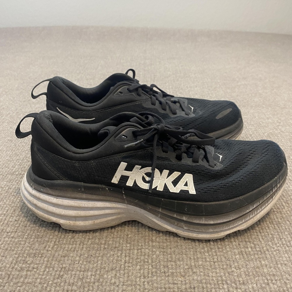 Hoka One One Bondi 8 Running Shoes Womens Size 7 Black Cushioned 1127952 BWHT